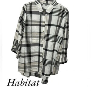 HABITAT LG & XL gauzy crinkle button  down shirt,black & white plaid, hi low